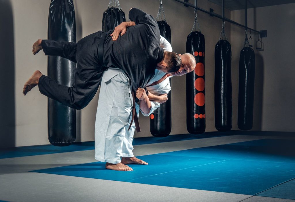 dois homens praticando um movimento de artes marciais.